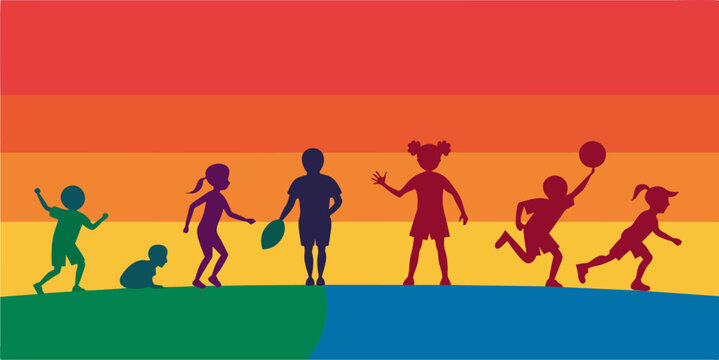 group of children silhouettes on the background of the rainbow, vector illustration