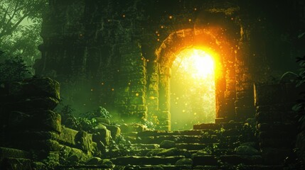 an image of a bright light coming out of a stone tunnel in the middle of a forest with stairs leading up to it.