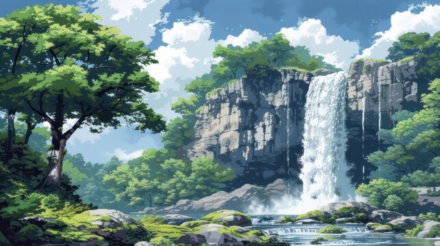 a painting of a waterfall in the middle of a forest with rocks, trees, and a body of water.