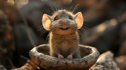 a small rodent sitting in a bowl with a smile on it's face and it's eyes wide open.