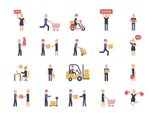 Logistic shopping delivery flat recolor set of isolated icons pictogram signs and human characters vector illustration. Color pictograms logistic concept.