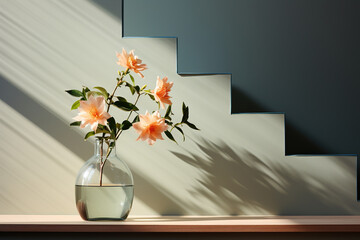 Elegant glass vase with a branch of flowers in the interior. Minimalism. Generated by artificial intelligence