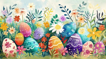 A vibrant, joyful composition featuring colorful Easter eggs nestled among delicate spring flowers, evoking the renewal and charm of the holiday, seasonal illustration