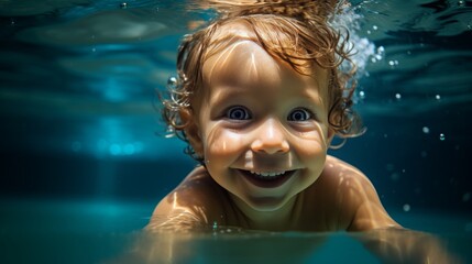 Fototapeta na wymiar Cheerful young boy with a bright smile having a great time playing in an indoor swimming pool