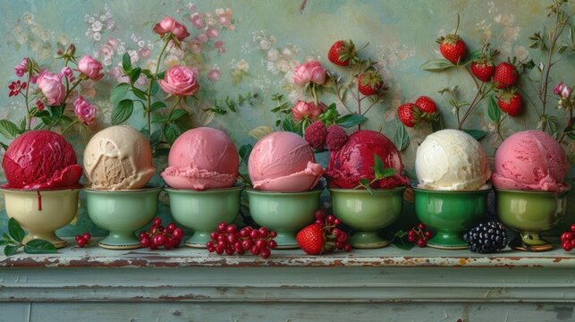 a painting of a row of ice creams in green bowls with strawberries, raspberries, and roses.