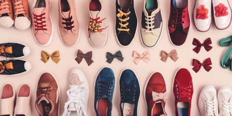 Assorted Footwear and Bow Tie Accessories Overhead View Pastel Background