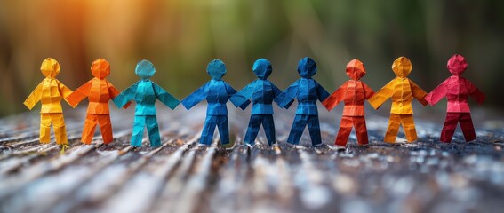 Colorful paper dolls on wooden table, creating a fun and artistic display