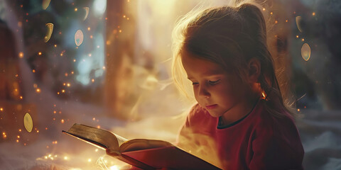 Enchanted Evening: Young Child Engrossed in Magical Storybook Amidst Glowing Ambience - obrazy, fototapety, plakaty
