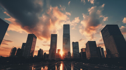 Sun is setting over a cityscape of towering buildings, creating a striking abstract business and finance