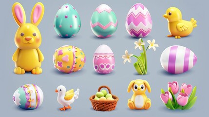 Fototapeta na wymiar Colorful collection set of 3D Easter icons isolated on transparent or white background, featuring eggs, bunnies, chicks and spring elements
