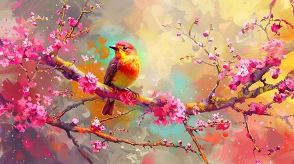 Colorful Songbird Perched in Vibrant Cherry Blossom Tree, Springtime Digital Painting