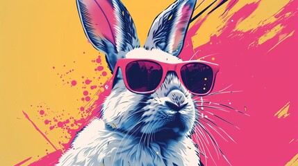 Cool hipster white rabbit wearing trendy sunglasses, vibrant contemporary pop art style illustration - obrazy, fototapety, plakaty