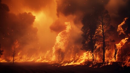 Intense forest fire consumes trees in a blaze of flames, engulfing the landscape