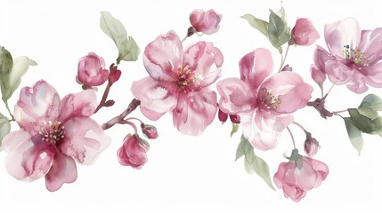 Delicate Sakura Flowers Isolated on White Background in Watercolor Style
