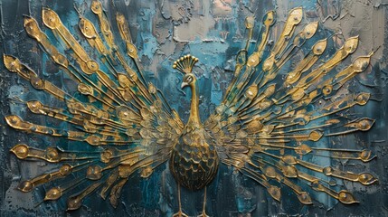Enchanting Peacock with Golden Brushstrokes on Textured Blue and Gray Background, Modern Oil Painting