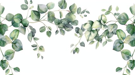 Enchanting watercolor border frame adorned with delicate eucalyptus twigs and leaves, botanical illustration