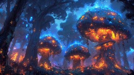 a painting of a group of mushrooms in a forest with fire coming out of the tops of the tops of them.