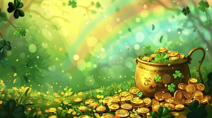Festive St. Patrick's Day banner featuring a pot of gold coins, lucky clover leaves, and a vibrant rainbow - obrazy, fototapety, plakaty