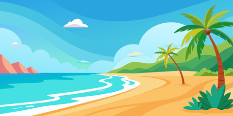 Obraz premium Tropical beach with palm trees. Vector illustration in cartoon style