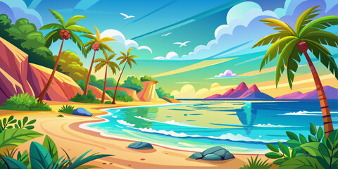 Fototapeta na wymiar Tropical beach with palm trees, rocks and sea. Vector illustration