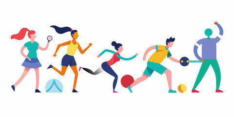 Group of people playing soccer, football, basketball, baseball, rugby, basketball. Flat vector illustration
