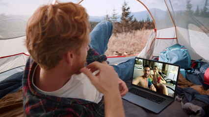 Cheerful friends communicating web camera closeup. Relaxed guy resting mountains
