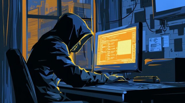Hooded hacker at computer screen engaging in malicious digital cybercrime activities, digital illustration