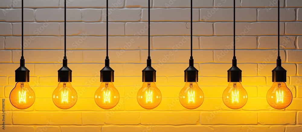 Poster a row of amber light bulbs, a type of lamp and electronic component, are hanging from the ceiling in