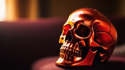 Stunning metallic red skull on a dark velvet background, evoking themes of mortality and the...