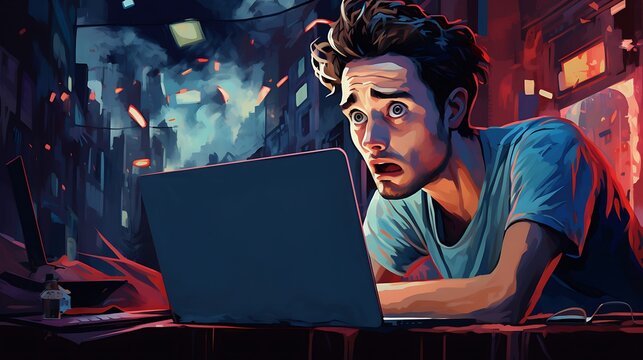 person with laptop. 
man working on a computer. Frustrated and worried young man yelling on a video call on a laptop. City background.
