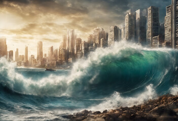 Tsunami hits city, giant sea waves attack buildings.