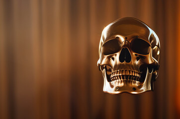 Golden skull against a blurred wooden backdrop, symbolizing wealth, eternity, and the paradox of materialism with a touch of mystery and elegance - obrazy, fototapety, plakaty