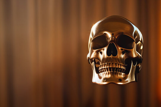 Golden skull against a blurred wooden backdrop, symbolizing wealth, eternity, and the paradox of materialism with a touch of mystery and elegance