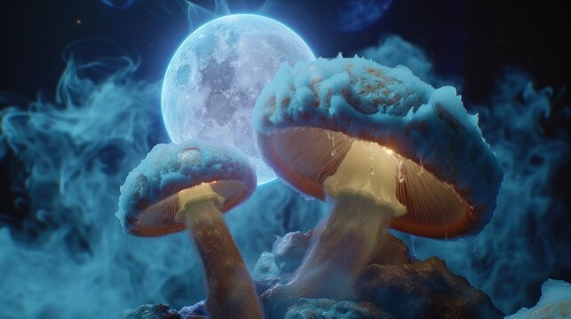 a group of mushrooms sitting on top of a pile of rocks under a full moon in a sky filled with clouds.