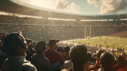 A packed stadium filled with excited fans cheering as they watch a football game unfold on the field below