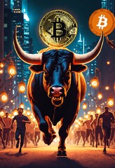 Fototapeta premium Bitcoin BTC bull market is coming. Bull Market Wall Street Financial Concept
