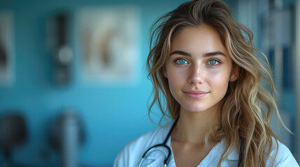 Family doctor. A female employee of a medical clinic poses on a blue background