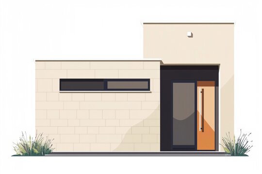The image features a stylized illustration of a modern single-family home with a clean, geometric design, complemented by minimalistic landscaping including abstract trees