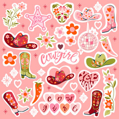 Set of cowgirl sticker design elements on pink.