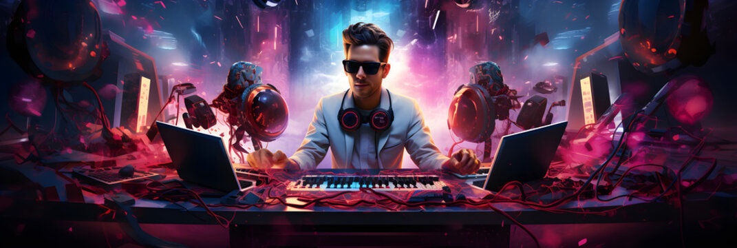 Captivating Image of Energetic DJ in Action, Crafting Rhythm and Beats in a Bustling Nightclub