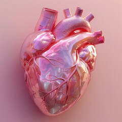 A highly detailed 3D rendering of a human heart with a shiny, reflective pink surface on a soft pink background.