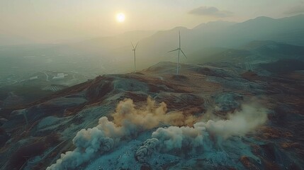 Fototapeta premium a group of windmills on top of a hill with smoke coming out of the bottom of it and a sun in the background.