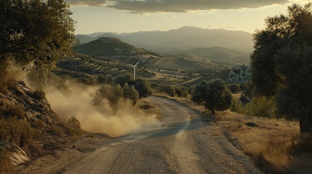 a dirt road with dust coming off the side of it and trees on the side of the road and hills in the distance.