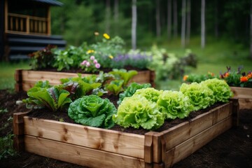 Fototapeta na wymiar Modern wooden raised beds garden with herbs, veggies, and flowers in countryside home
