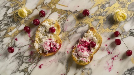 a marble table topped with two pieces of bread covered in whipped cream and cherries next to a yellow rose.