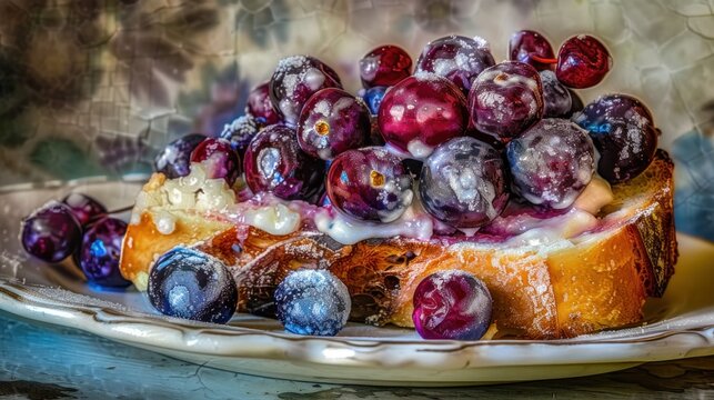 a close up of a cake on a plate with blueberries and other fruit toppings on top of it.