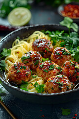 A dish of meatballs and noodles served with chopsticks on a table. Ingredients include meat, plantbased noodles, and leaf vegetables. Cuisine Asian