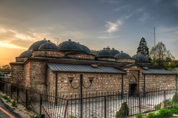 Panoramic view od Daut Pasha Hammam, old Ottoman Turkish bath structure, today used as an art gallery in Skopje, Macedonia. - obrazy, fototapety, plakaty