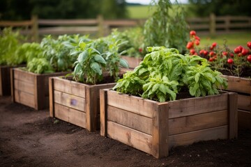 Modern garden with raised wooden beds for herbs, spices, veggies, and flowers in countryside home