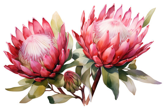 An exquisite watercolor painting of twin King Protea flowers in vibrant pink and green hues, showcasing their intricate petals and leaves.